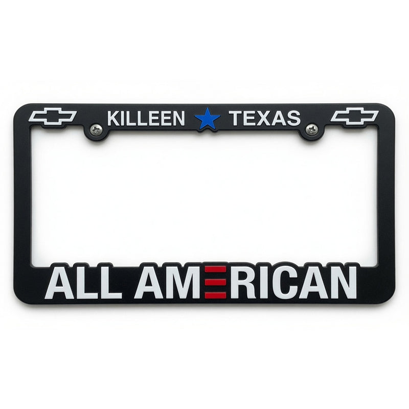Load image into Gallery viewer, Black custom license plate frame with raised imprint in three colors, featuring bold design and durable material.