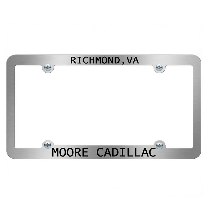 Load image into Gallery viewer, Full dip brushed chrome plastic license frame with engraved print, showcasing a sleek and durable design for vehicle license plates.