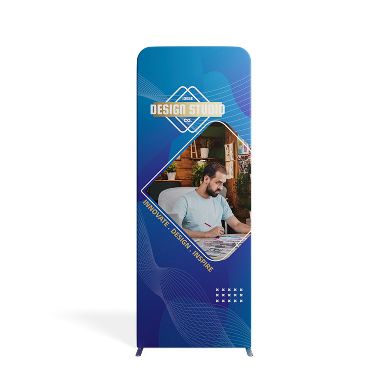 Load image into Gallery viewer, Magnetic straight fabric banner stand displaying a promotional design, with a sleek black frame and vibrant fabric graphic.