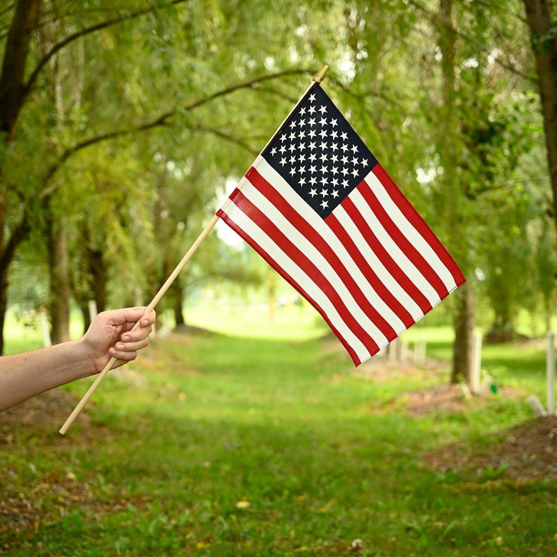 Load image into Gallery viewer, Super Tough 12"x18" US Stick Flag with 30" Holder with Sewn Edges - 12 Pack