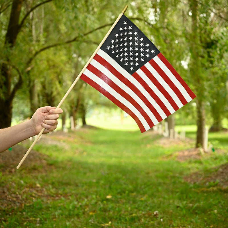Load image into Gallery viewer, Super Tough® 12"x18" US Stick Flag with 30"x3/8" Wood Staff - No Fray 12 Pack