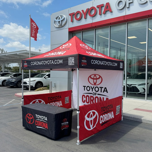 10-foot by 10-foot custom pop-up tent canopy with sturdy frame and fabric cover, ideal for outdoor events and gatherings.