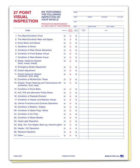 27 Point Vehicle Inspection - 2 Part - Qty. 100
