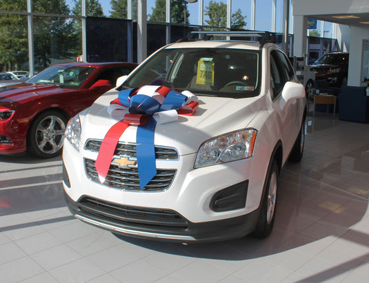 Red, white, and blue 30-inch large car bow from My Store, featuring vibrant fabric loops perfect for vehicle decoration.