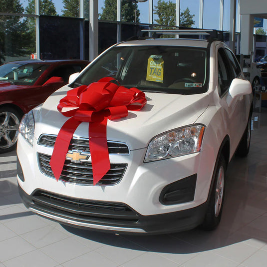 Red 30-inch jumbo car bow from My Store, decorative gift bow with large loops and tails for vehicle decoration.