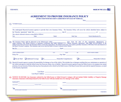 Agreement to Furnish Insurance Policy - Qty. 100