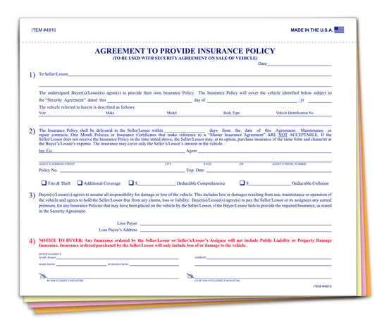 Agreement to Furnish Insurance Policy - Qty. 100