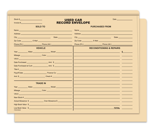 Used Car Record Envelope ( Box of 500 )
