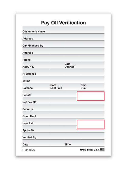 Pay Off Verification - Qty 100 Per Pad