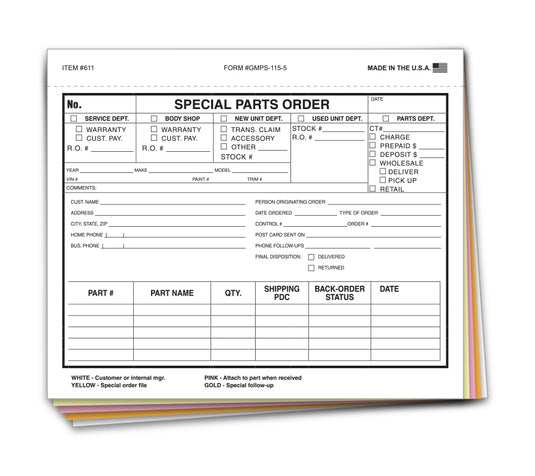 Special Parts Order Form - SPO-GMPS-115-5 - Qty. 100