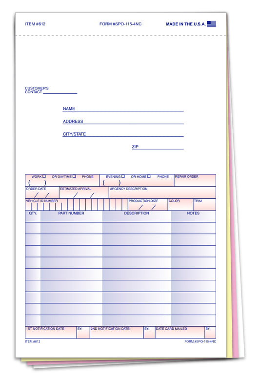 Special Parts Order Form - SPO-115-4NC - Qty. 100
