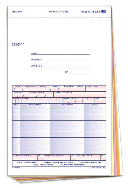 Special Parts Order Form - TOY-115-5NC - Qty. 100