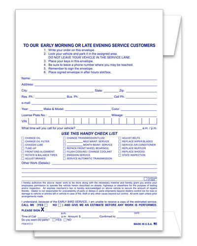 After Hours Envelope, Service Estimate & Parts Return