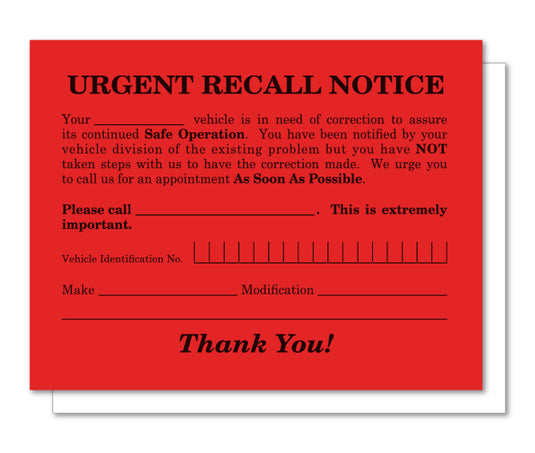 Urgent Recall Notice - RT-6 - 5.5" x 4.25" - Qty. 250 Item