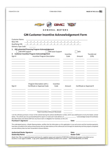 GM Cust. Incentive/OnStar Acknowledge Form - 2 Part - Qty. 100