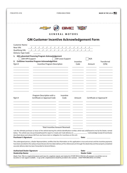 GM Cust. Incentive/OnStar Acknowledge Form - 2 Part - Qty. 100