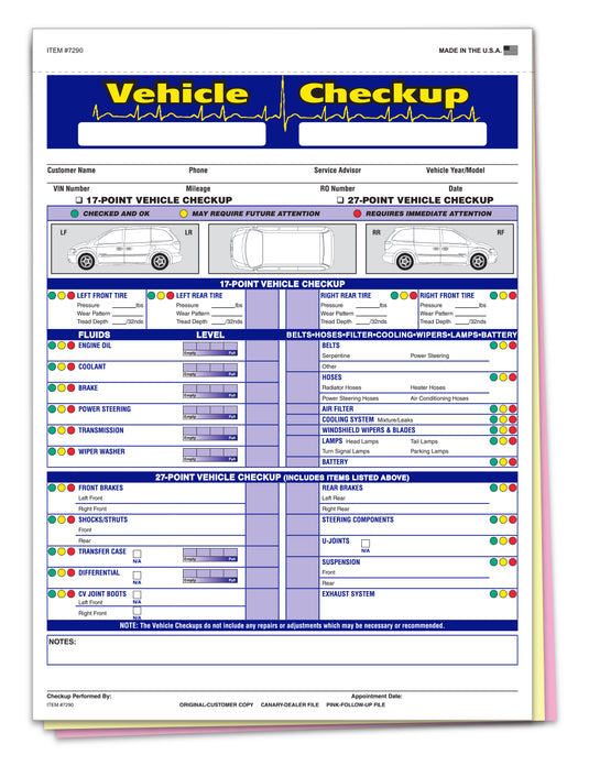Vehicle Checkup/Inspection Report - 3 Part - Qty. 250