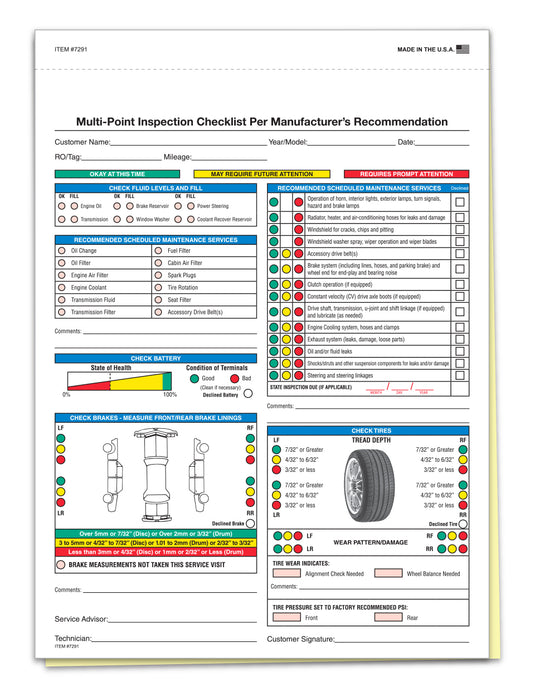 Multi-Point Vehicle Inspection Report - 2 Part - Qty. 250