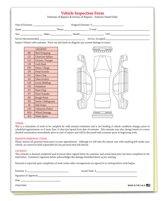 Vehicle Inspection & Estimate Form - 2 Part - Qty. 100