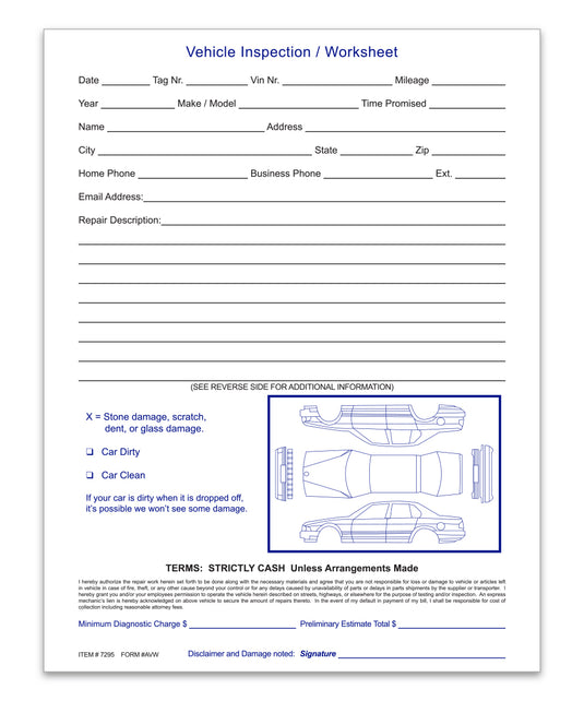 Vehicle Inspection Worksheet - AVW - 8 1/2