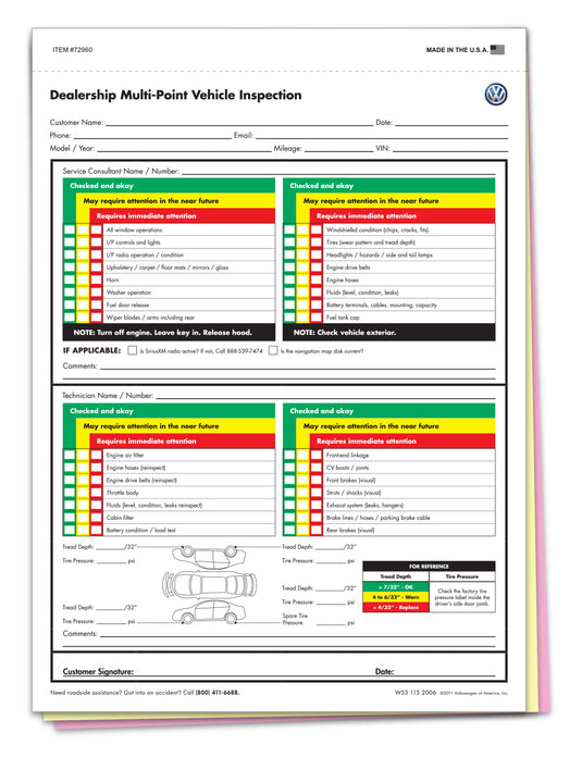 VW Multi-Point Vehicle Checkup - 3 Part - Qty. 250