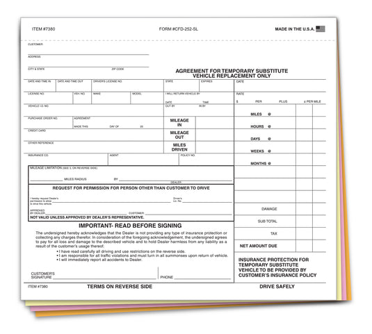 Substitute Vehicle Agreement - CFD-252-SL - 4 Part - Qty. 100