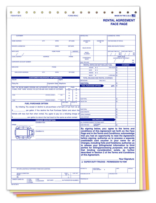 Rental Agreement - RAC - 4 Part - Qty. 100