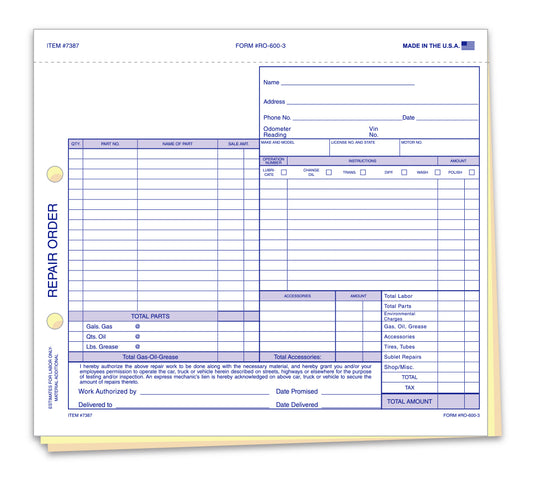 Repair Order - RO-600-3 - 3 Part - Qty. 100