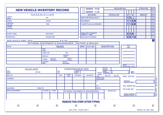 New Vehicle Record - DUAS-305-1 - 2 Part - Qty. 100