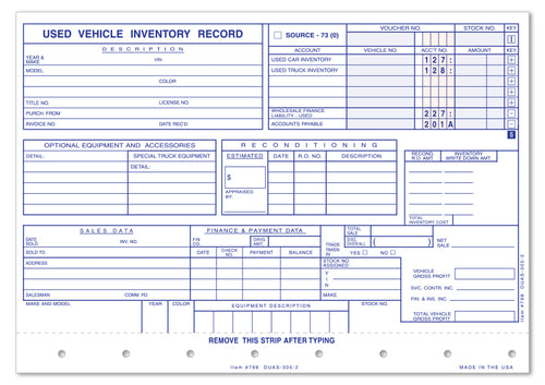 Used Vehicle Record - DUAS-305-2 - 2 Part - Qty. 100