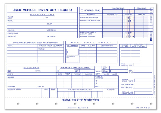 Used Vehicle Record - DUAS-305-2 - 2 Part - Qty. 100