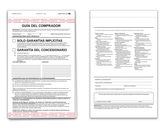 Buyers Guide - Implied Warranty - 2 Part - Spanish - Qty. 100