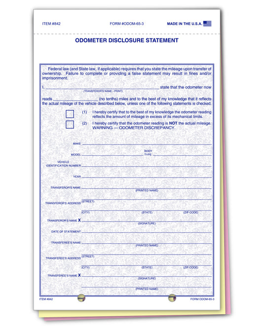 Odometer Disclosure Statement - ODOM-65-3 - 3 Part - Qty. 100