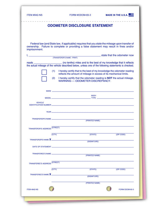 Odometer Disclosure Statement - ODOM-65-3 - 3 Part - No Screen - Qty. 100
