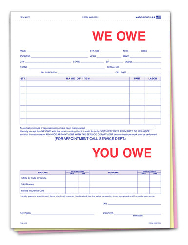 We Owe / You Owe - 872 - 3 Part - Qty. 100