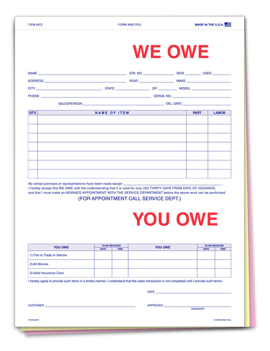 We Owe / You Owe - 872 - 3 Part - Qty. 100