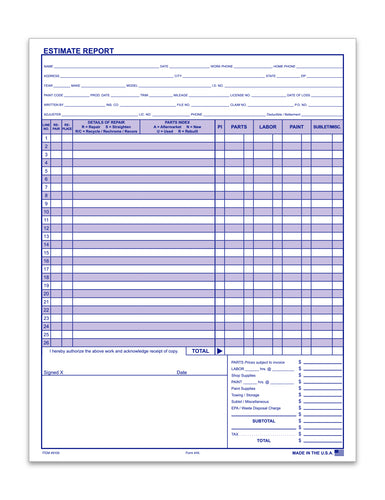 Body Shop Repair Estimate, Form 45 - Qty 100