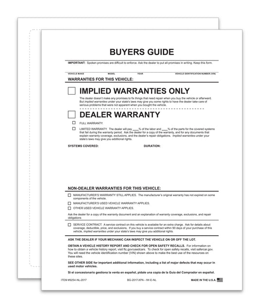 Exterior Buyers Guide - Implied Warranty - P/A - No Lines - Qty. 100