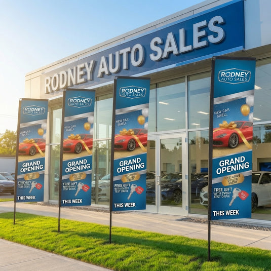 Large 17-foot custom rectangle flag with vibrant colors, featuring personalized design, ideal for outdoor advertising or events.