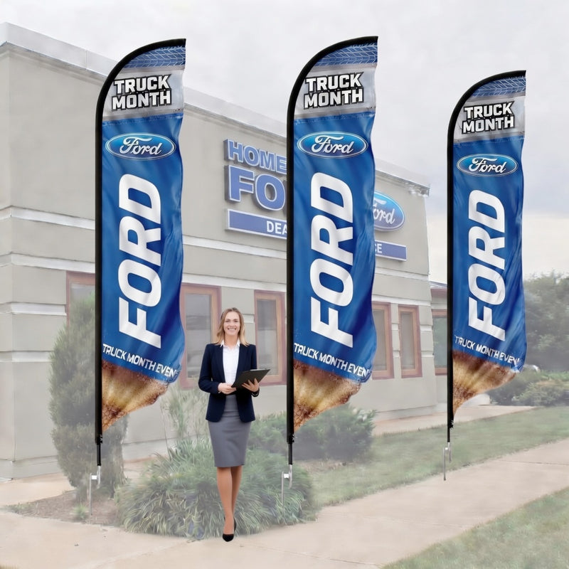 Load image into Gallery viewer, 15-foot custom feather flag with vibrant colors and branding for outdoor advertising, featuring a sleek feather shape.
