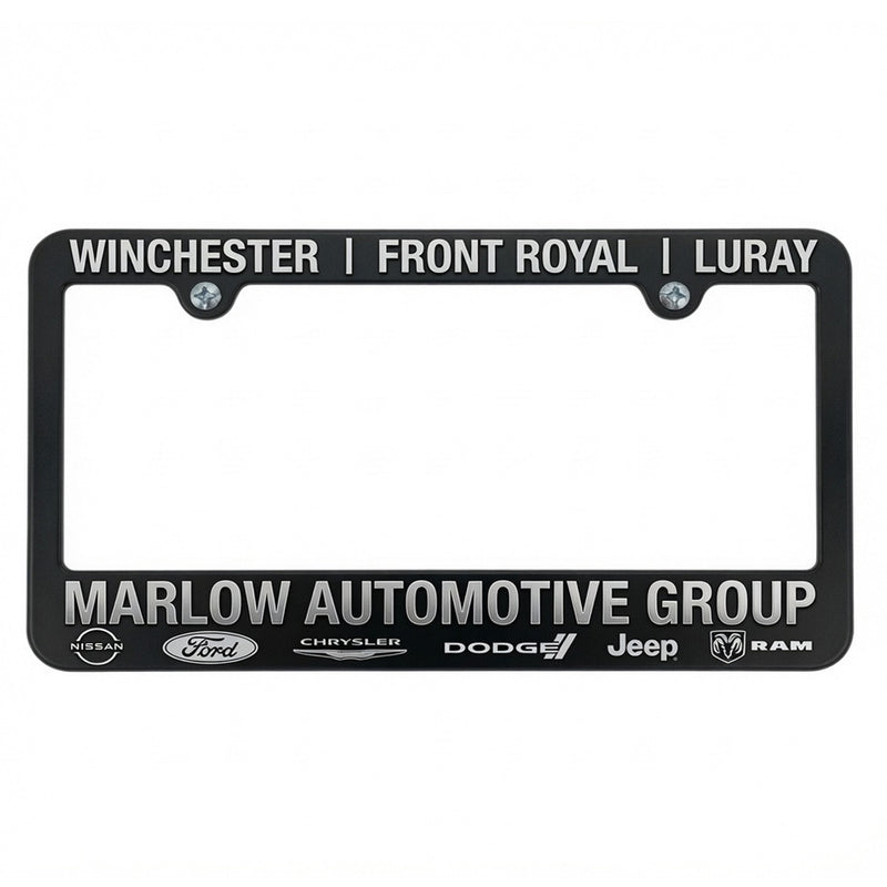 Load image into Gallery viewer, Black custom license plate frame with raised chrome lettering, designed for personalized car decoration.
