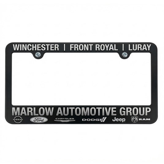 Black custom license plate frame with raised chrome lettering, designed for personalized car decoration.
