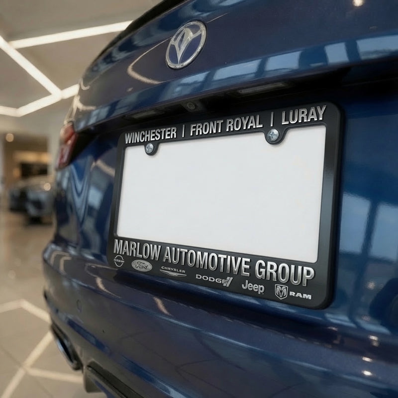 Load image into Gallery viewer, Black Custom License Plate Frame with raised chrome print, designed for vehicle license plates.
