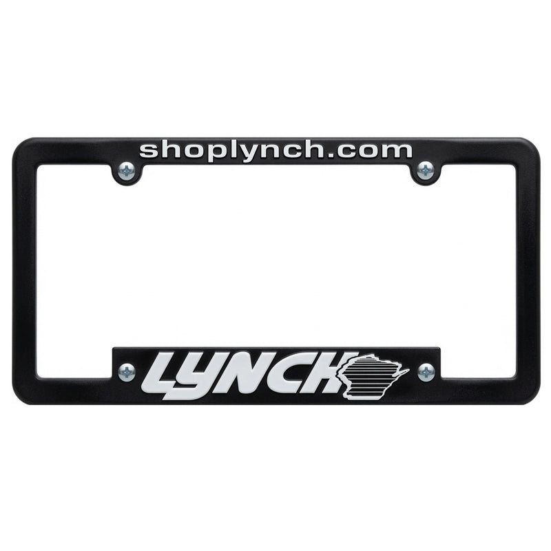 Load image into Gallery viewer, Black custom license plate frame with raised imprint, featuring a sleek design and one-color branding for a personalized look.
