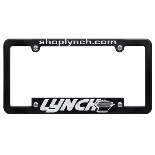 Black custom license plate frame with raised imprint, featuring a sleek design and one-color branding for a personalized look.