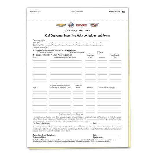 GM Cust. Incentive/OnStar Acknowledge Form - 2 Part - Qty. 100