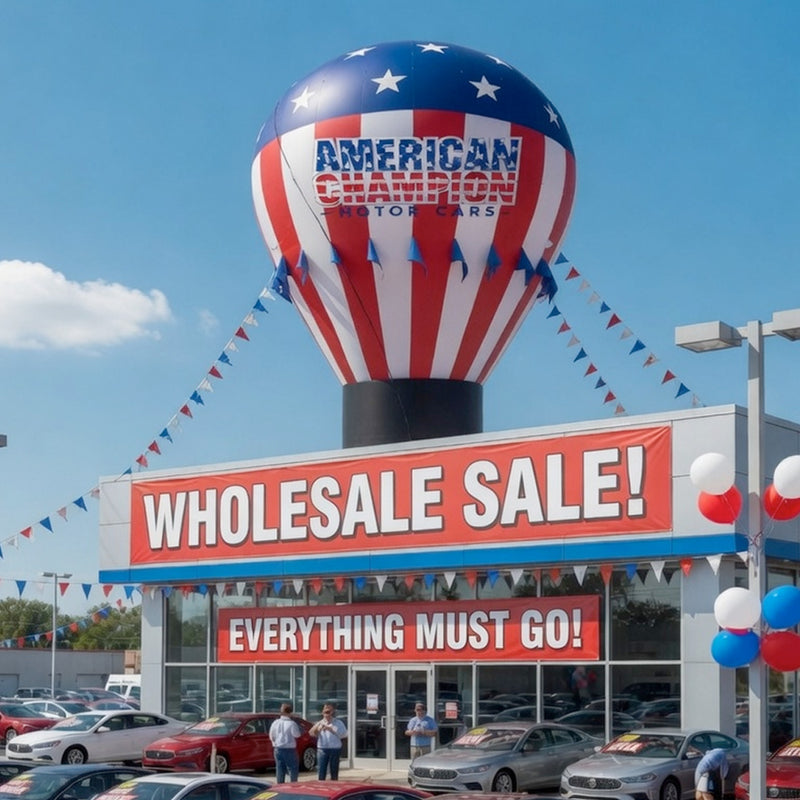 Load image into Gallery viewer, Giant rooftop blimp inflatable by My Store displayed on building rooftop, bright colors and large size for outdoor decoration.
