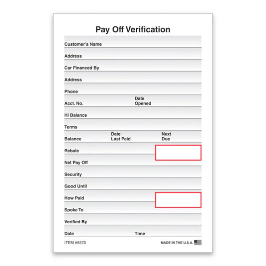 Pay Off Verification - Qty 100 Per Pad