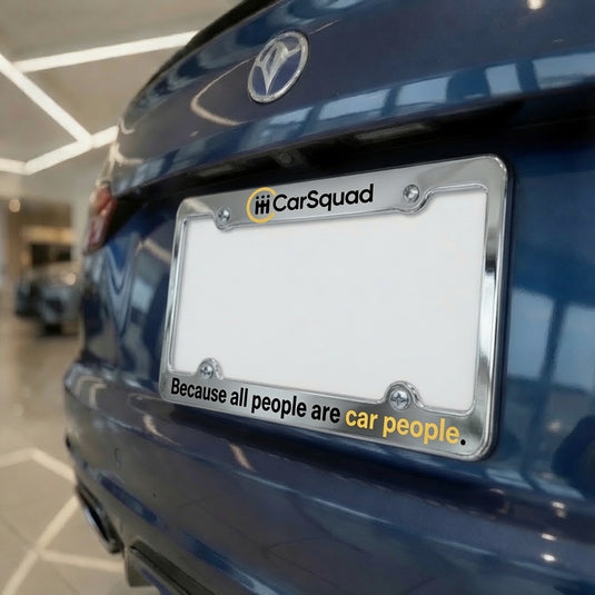 Chrome plastic license frame with two-color design mounted on a car, showcasing a sleek and durable full dip finish.