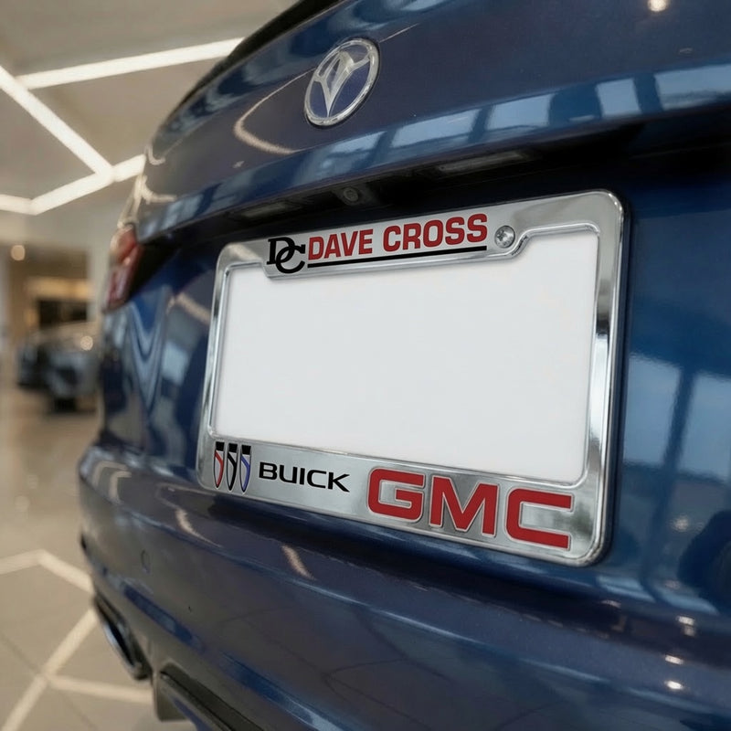 Load image into Gallery viewer, Chrome plastic license frame with a full dip chrome finish, featuring a three-color design, mounted on a car.
